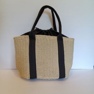 Woven Seagrass Tote Bag with Black Web Handles & Drawstring Lining